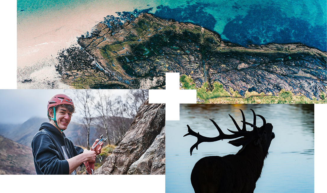 Collage of three photos: a student rock climbing, an aerial view of the coastline, and a stag.