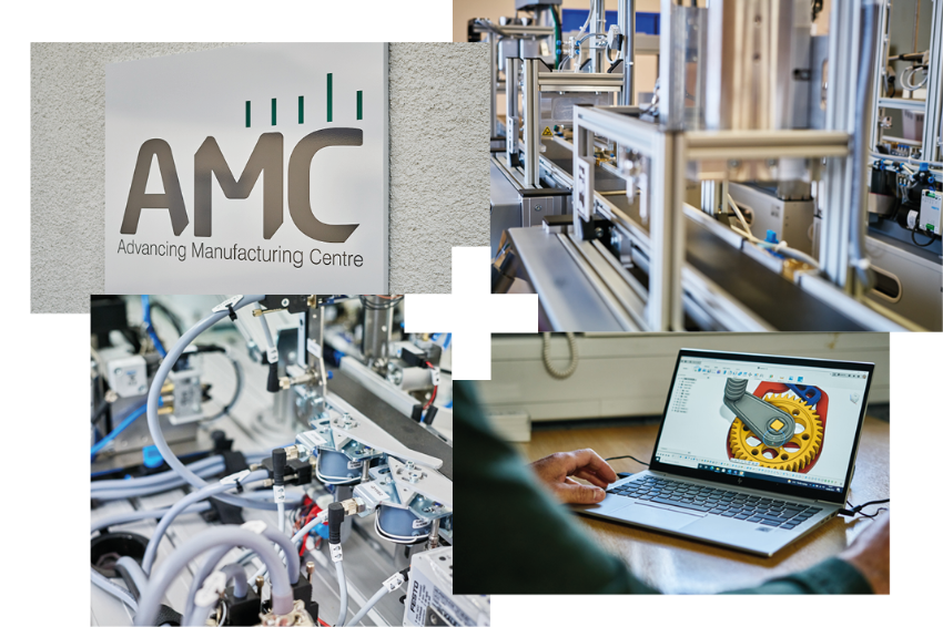 Advancing Manufacturing Centre Collage showing the logo CAD drawings and the equipment in the centre