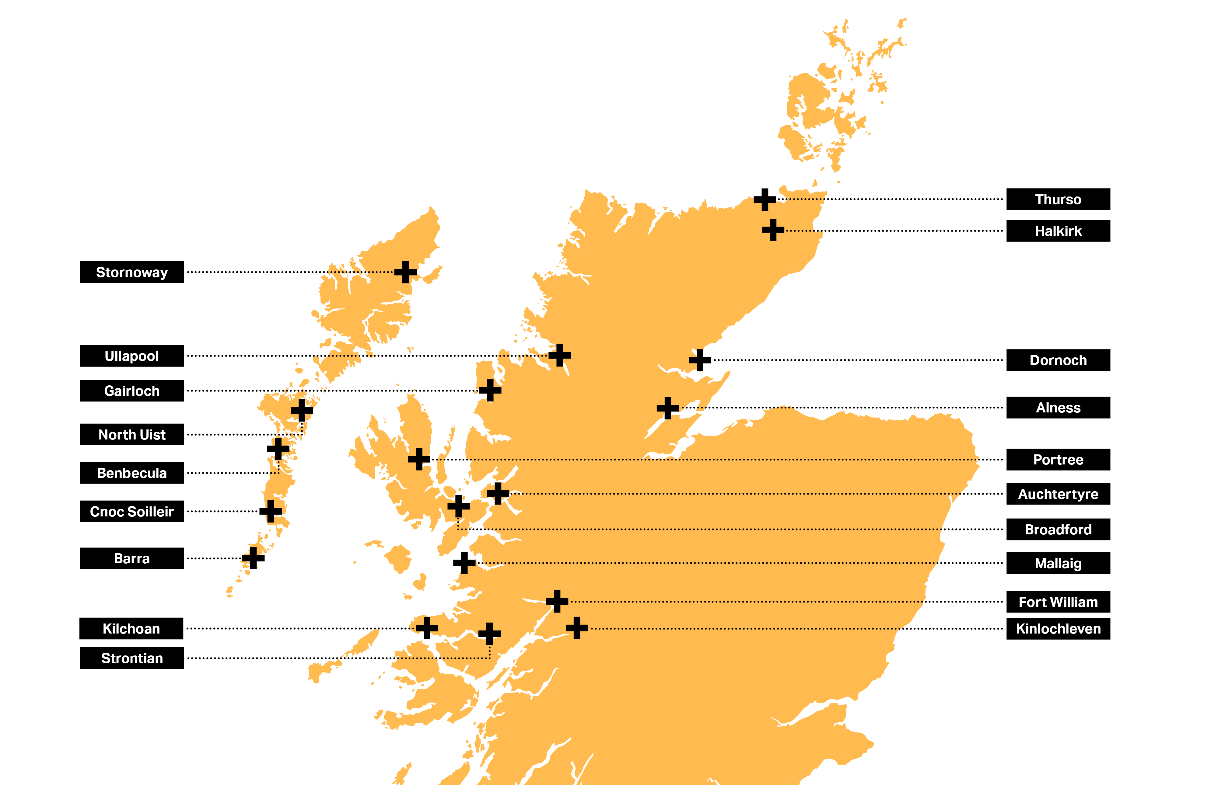 Map showing all UHI North, West and Hebrides campuses including Thurso, Halkirk, Dornoch, Alness, Portree, Auchtertyre, Broadford, Mallaig, Fort Willia, Kinlochleven, Strontian, Kilchoan, Barra, Cnoc Soillier, Benbecula, North Uist, Gariloch, Ullapool and Stornoway.
