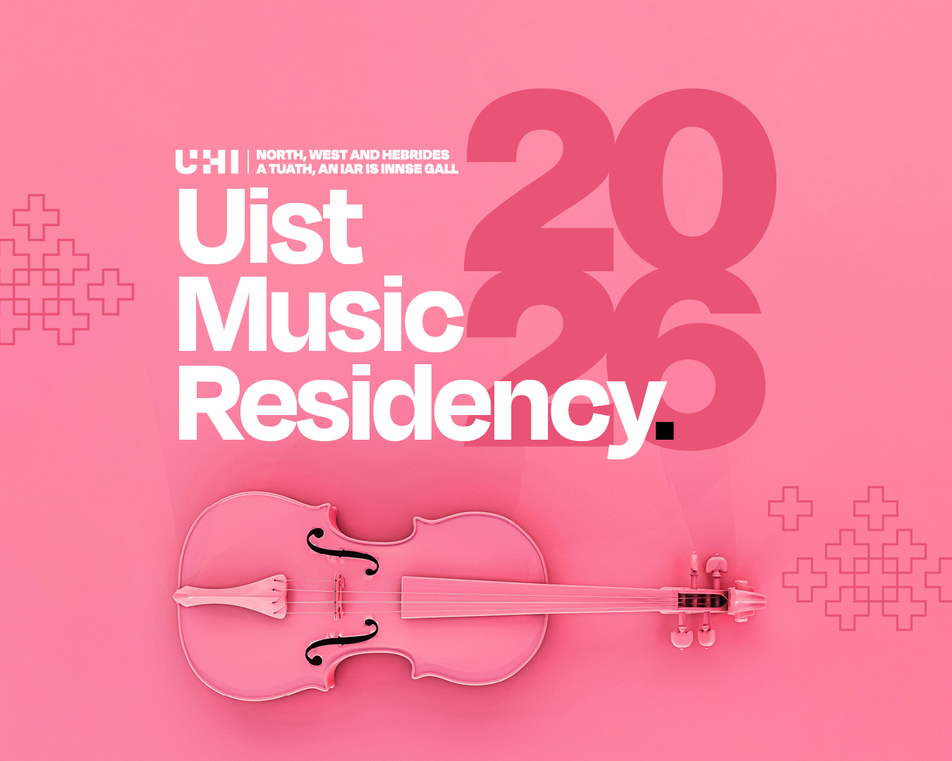 Promotional graphic for the Uist Music Residency 2026. A monochrome pink design features a 3D-rendered violin lying horizontally at the bottom. Large white text reads 