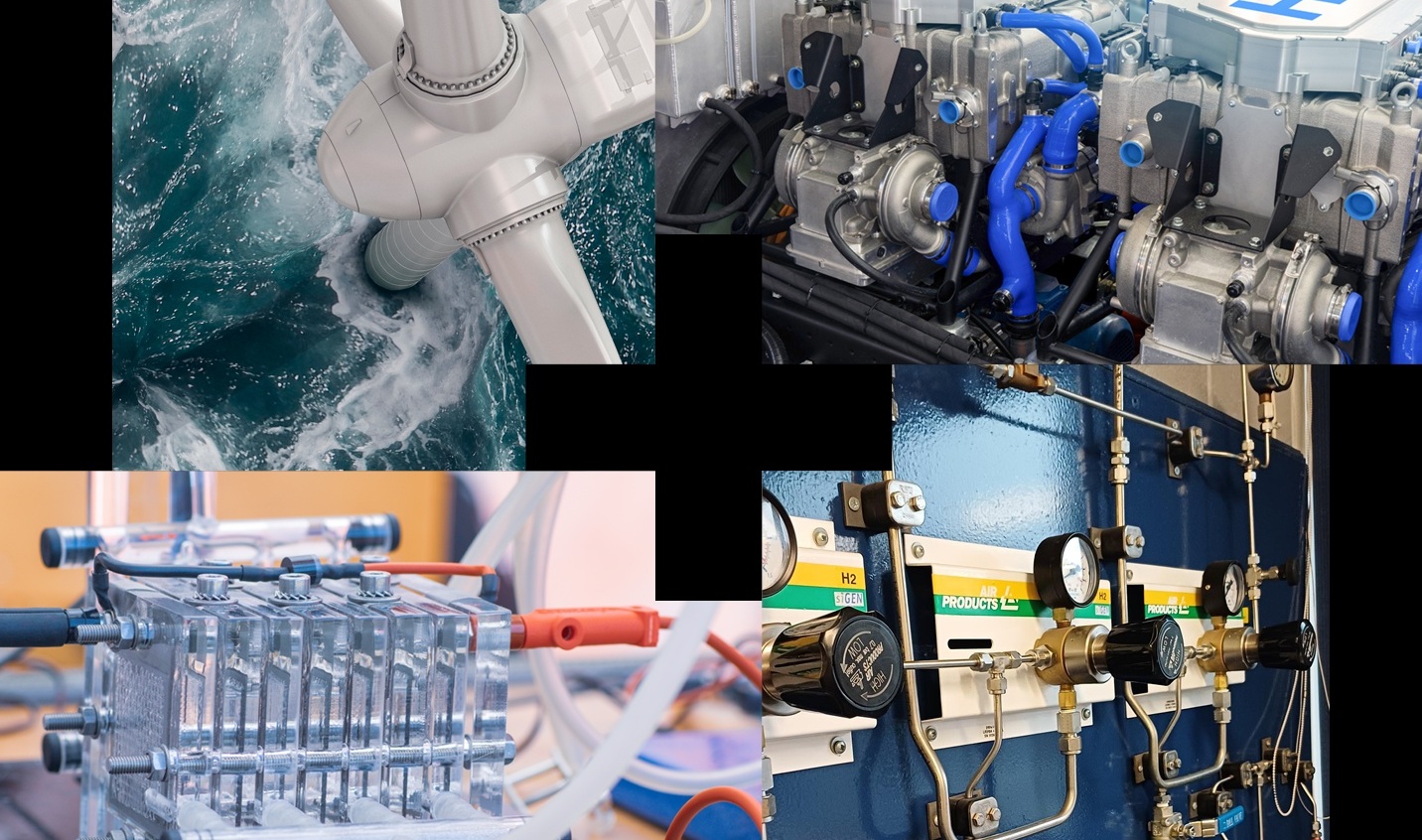A collage of four photos showing a wind turbine in the sea and other hydrogen related training equipment.