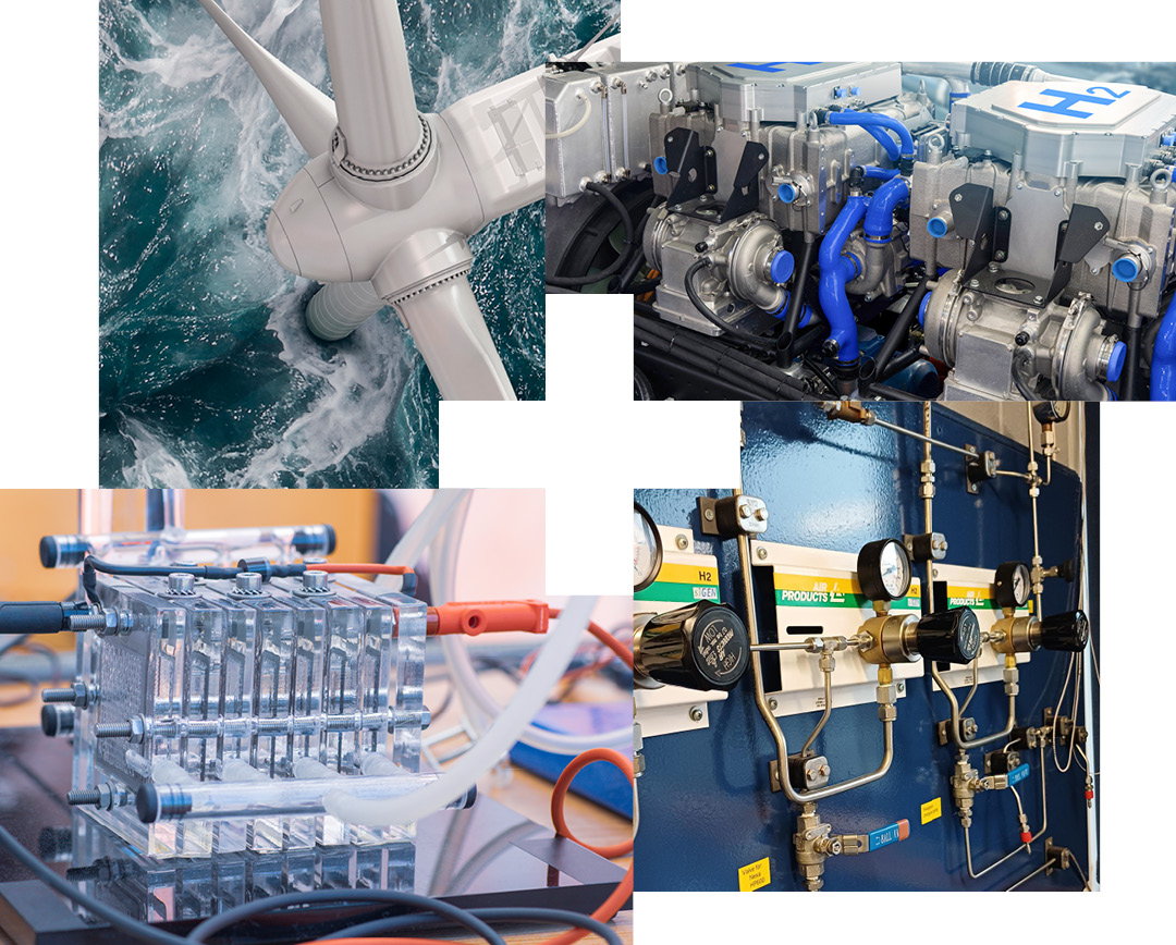 A collage of four photos showing a wind turbine in the sea and other hydrogen related training equipment.