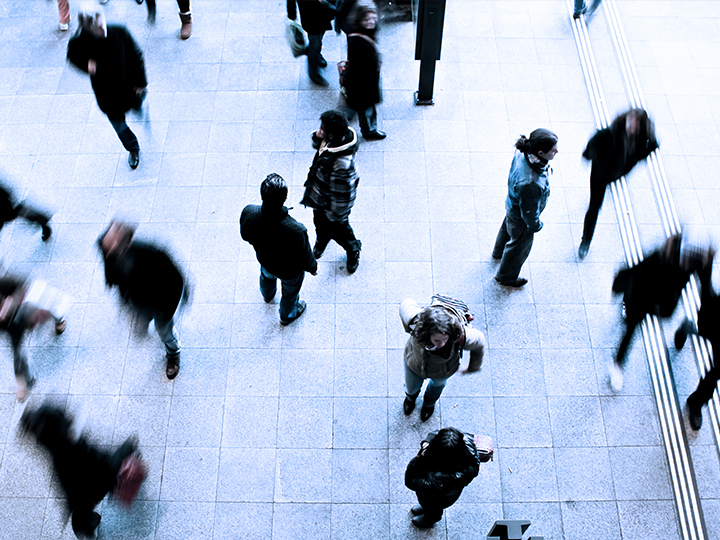 overhead shot of people walking on street