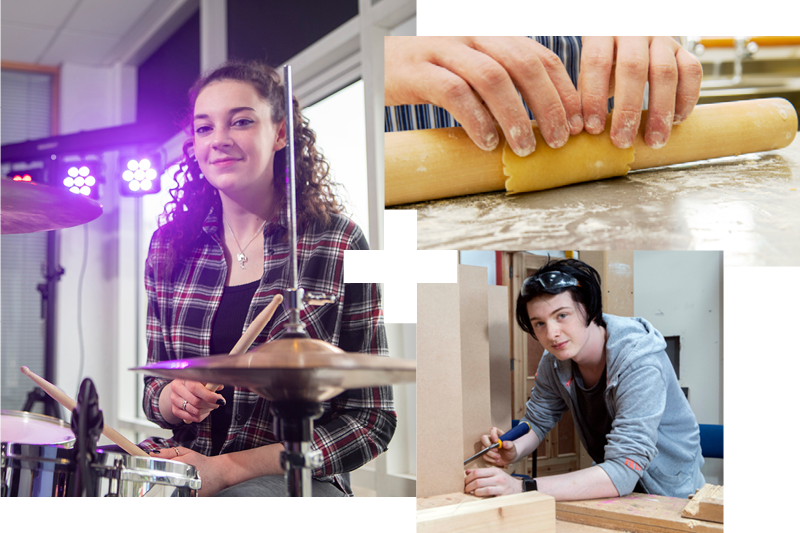 Collage of female music student playing drums; male construction student; rolling pin and hands