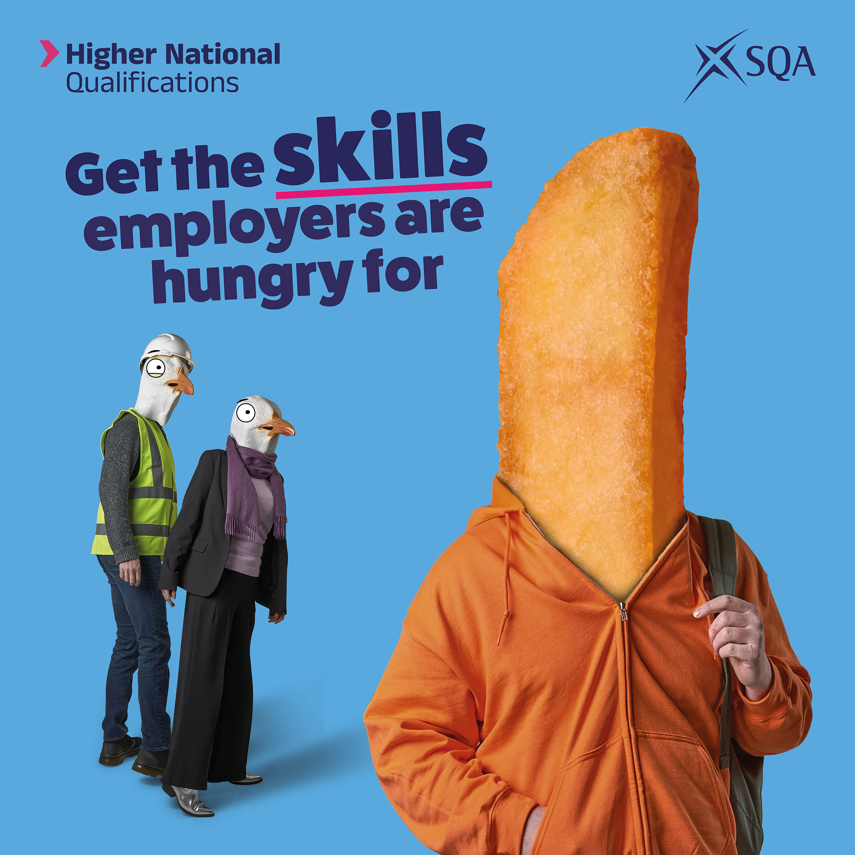 HN Campaign two seagulls employers looking at a chip dressed as a student HN Campaign two seagulls employers looking at a chip dressed as a student