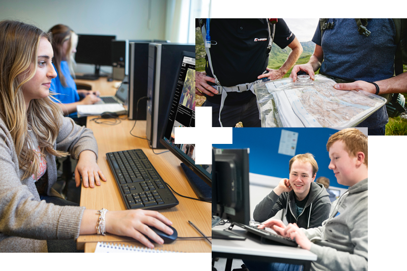 3 images of students studying at computers and map reading