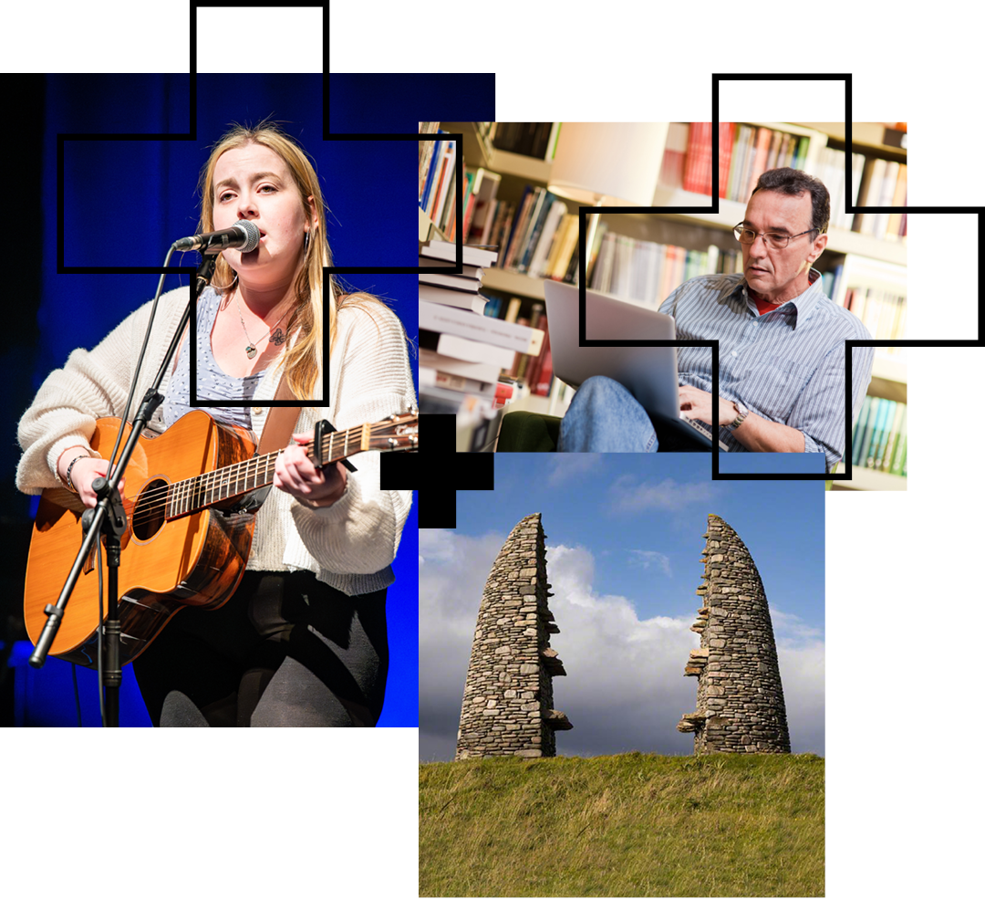 A three-part photographic collage framed by white cross shapes: a woman singing and playing an acoustic guitar, a man using a laptop in a library, and the Aignish Farm Raiders Monument on the Isle of Lewis—two tall, tapered stone pillars standing on a grassy hill under a cloudy sky.