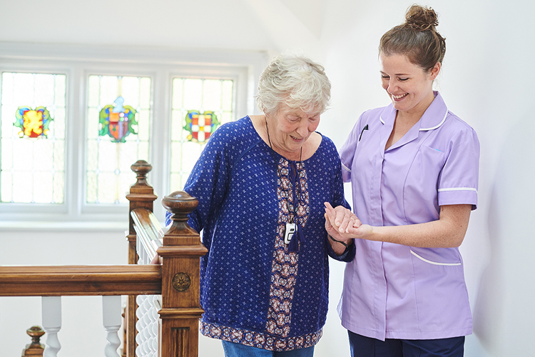 social carer helping old lady climbing the stairs