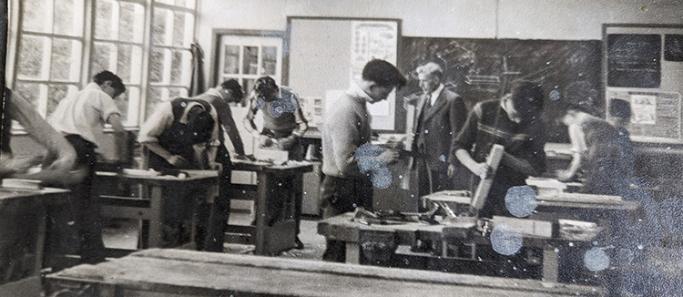Black and white image of old college workshop