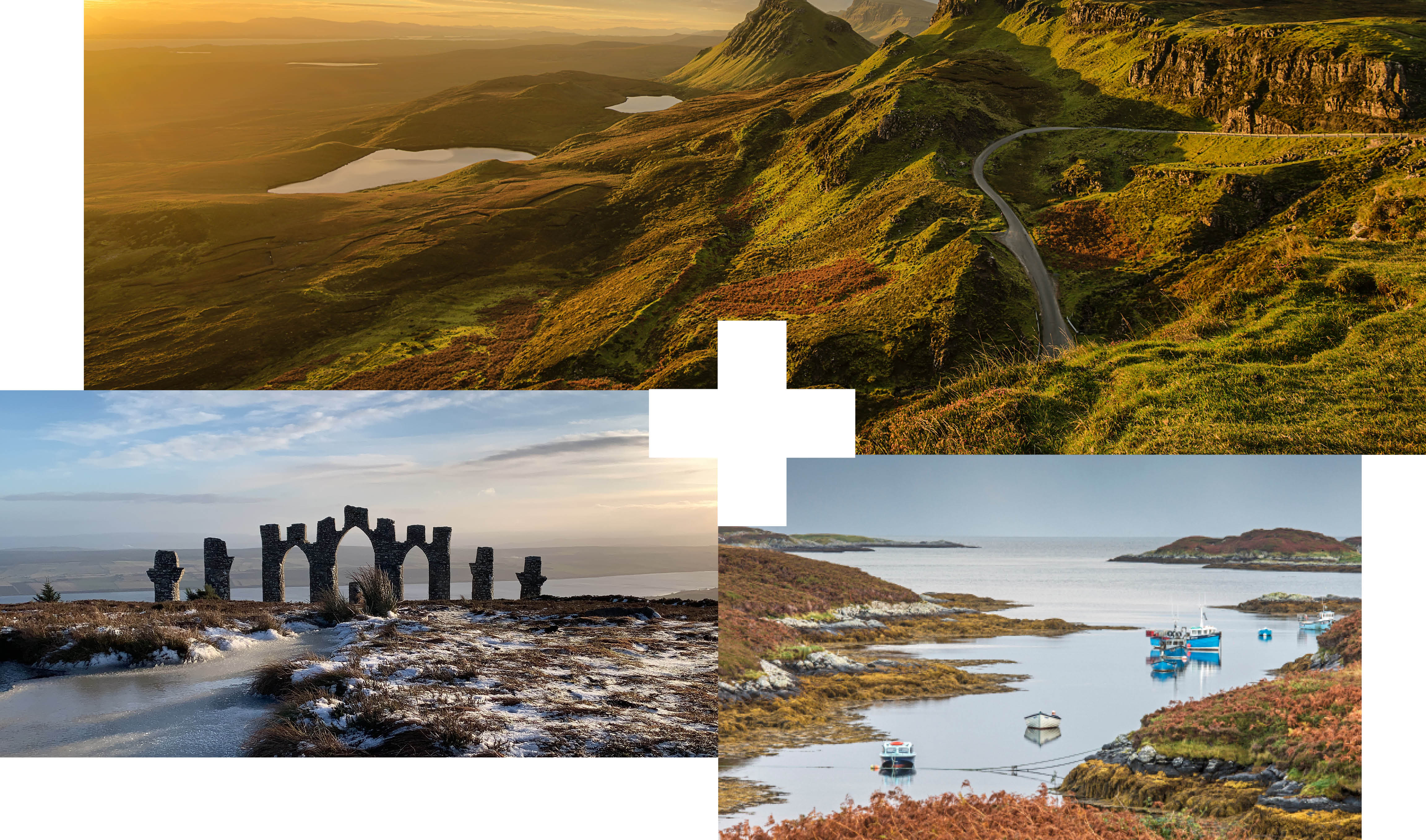 A collage of images featuring landscapes across the North and West Highlands and Hebrides