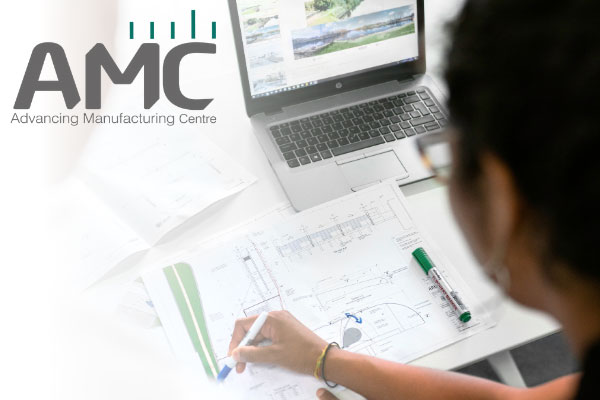 Advancing Manufacturing Centre logo overlaid on a photo of a person consulting project plans on a laptop